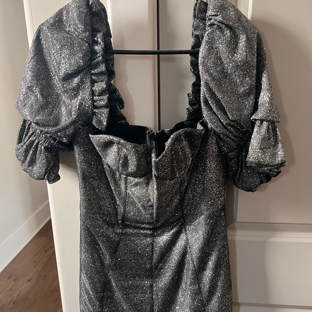 House of CB Glittery Black Mini Dress with Puff Sleeves